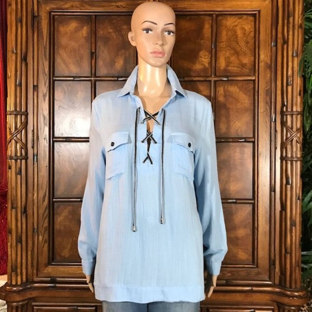 Serene Blue Lace Up Front Linen Textured Top